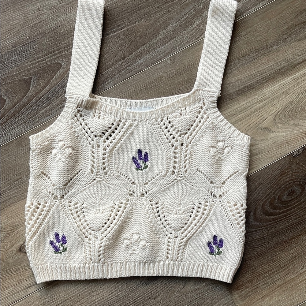 Pink Rose Cream Knit Top with Purple Details
